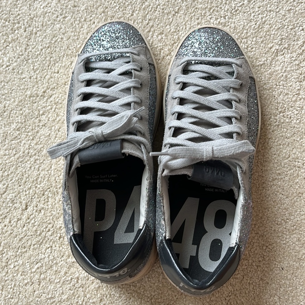 P448 Gray Glitter Sneakers with Pink Bottom